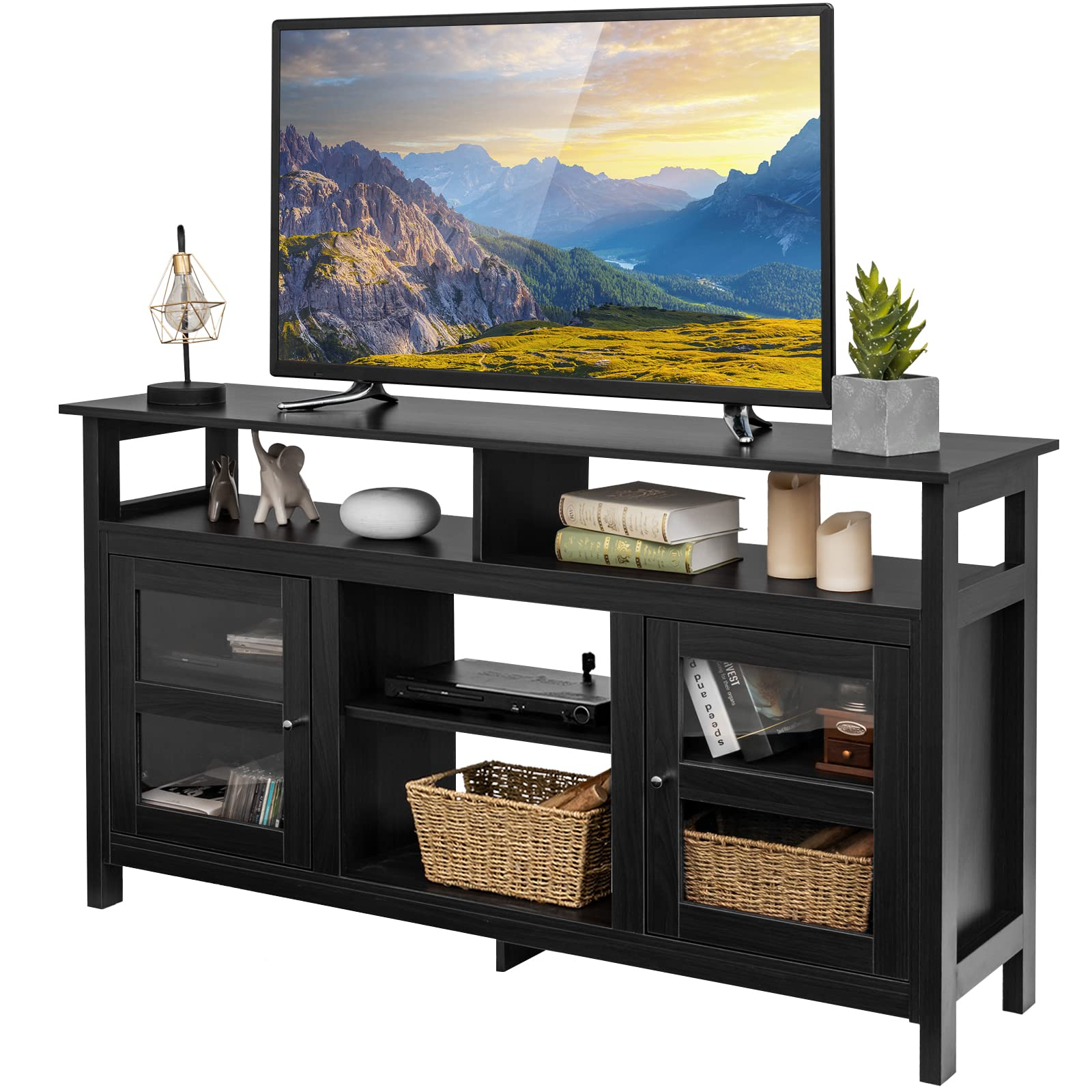 Meuble TV Tangkula de style rustique pour téléviseurs à écran plat jusqu'à 65", console TV en bois avec 2 armoires et 4 étagères
